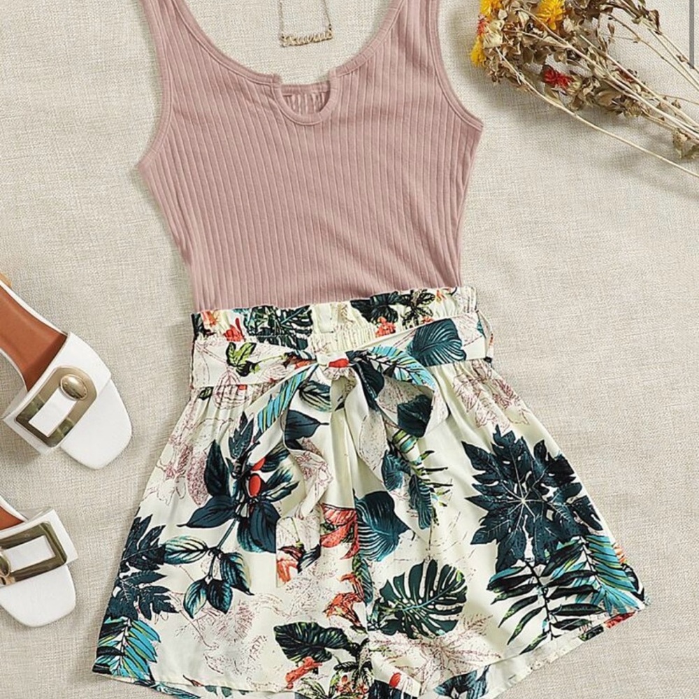 Blush Ribbed Tank and Tropical Print Shorts romper